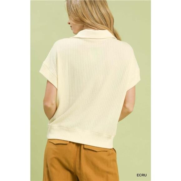 Umgee Textured Striped Zip Collar Knit Top - Picture 2 of 4